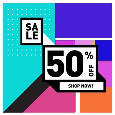 Tatil Satılık memphis tarzı web afiş. Moda ve seyahat poster indirim. Vektör tatil soyut renkli resimde kampanya ve promosyon.