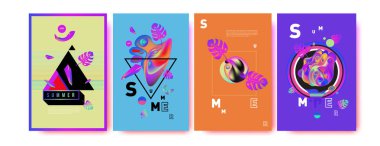 Renkli yaz poster ayarlayın. Tropikal yaz tasarım şablonu ve kapak. Yaz resimde unsurlar ve arka plan 