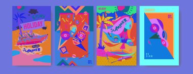 Yaz illüstrasyon poster, kapak ve reklam için kümesi. Retro ve vintage yaz tasarlamak. Yaz tatil arka plan şablonu 