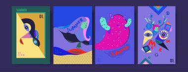 Yaz illüstrasyon poster, kapak ve reklam için kümesi. Retro ve vintage yaz tasarlamak. Yaz tatil arka plan şablonu 