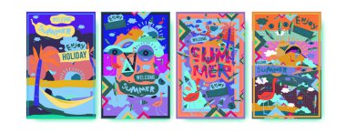 Yaz illüstrasyon poster, kapak ve reklam için kümesi. Retro ve vintage yaz tasarlamak. Yaz tatil arka plan şablonu 