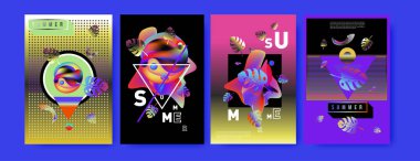 Renkli yaz poster ayarlayın. Tropikal yaz tasarım şablonu ve kapak. Yaz resimde unsurlar ve arka plan 