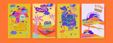 Yaz illüstrasyon poster, kapak ve reklam için kümesi. Retro ve vintage yaz tasarlamak. Yaz tatil arka plan şablonu 
