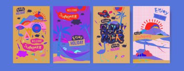 Yaz illüstrasyon poster, kapak ve reklam için kümesi. Retro ve vintage yaz tasarlamak. Yaz tatil arka plan şablonu 