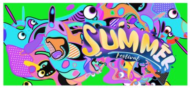 Yaz afiş renkli doodle arka plan ile. Olay ve satış promosyon posteri için tasarım şablonu.