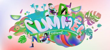 Yaz afiş renkli doodle arka plan ile. Olay ve satış promosyon posteri için tasarım şablonu.