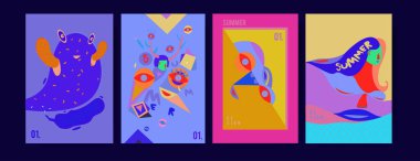 Yaz illüstrasyon poster, kapak ve reklam için kümesi. Retro ve vintage yaz tasarlamak. Yaz tatil arka plan şablonu 