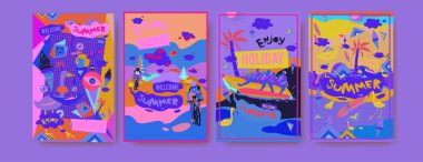 Yaz illüstrasyon poster, kapak ve reklam için kümesi. Retro ve vintage yaz tasarlamak. Yaz tatil arka plan şablonu 
