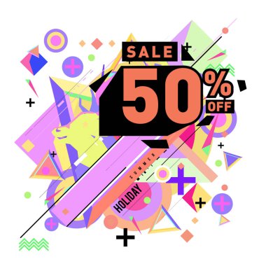 Yaz satış memphis tarzı web afiş. Moda ve seyahat poster indirim. Vektör tatil soyut renkli resimde kampanya ve promosyon.