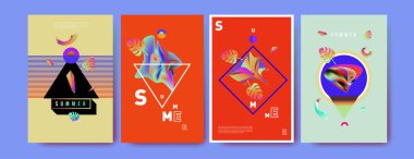 Renkli yaz poster ayarlayın. Tropikal yaz tasarım şablonu ve kapak. Yaz resimde unsurlar ve arka plan 