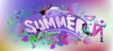 Yaz afiş renkli doodle arka plan ile. Olay ve satış promosyon posteri için tasarım şablonu.