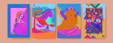 Yaz illüstrasyon poster, kapak ve reklam için kümesi. Retro ve vintage yaz tasarlamak. Yaz tatil arka plan şablonu 