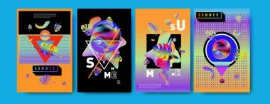 Renkli yaz poster ayarlayın. Tropikal yaz tasarım şablonu ve kapak. Yaz resimde unsurlar ve arka plan 