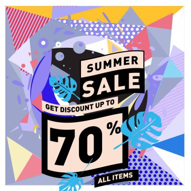 Yaz satış memphis tarzı web afiş. Moda ve seyahat poster indirim. Vektör tatil soyut renkli resimde kampanya ve promosyon.
