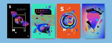 Renkli yaz poster ayarlayın. Tropikal yaz tasarım şablonu ve kapak. Yaz resimde unsurlar ve arka plan 