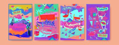 Yaz illüstrasyon poster, kapak ve reklam için kümesi. Retro ve vintage yaz tasarlamak. Yaz tatil arka plan şablonu 