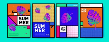 Yaz renkli poster tasarım şablonu. Yaz satış arka plan ve örnek kümesi. Yaz olay poster ve başlık sayfası için minimalist tasarım stil 