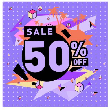 Yaz satış memphis tarzı web afiş. Moda ve seyahat poster indirim. Vektör tatil soyut renkli resimde kampanya ve promosyon.