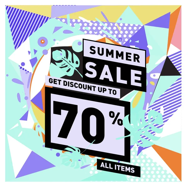 Yaz satış memphis tarzı web afiş. Moda ve seyahat poster indirim. Vektör tatil soyut renkli resimde kampanya ve promosyon.