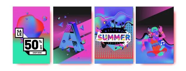 Vector Summer Sale Poster Background Set Fashion Summer Banner Discount — Stock Vector