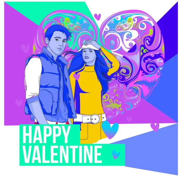 Vector man and woman happy family couple in love. Poster valentine greeting card. Happy family illustration for anniversary celebration.