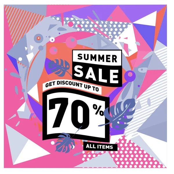 Yaz satış memphis tarzı web afiş. Moda ve seyahat poster indirim. Vektör tatil soyut renkli resimde kampanya ve promosyon.