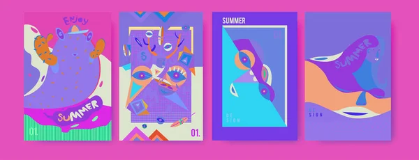 为海报 封面和广告设置夏季插图 复古和老式的夏季设计插图 暑期假期背景模板 — 图库矢量图片