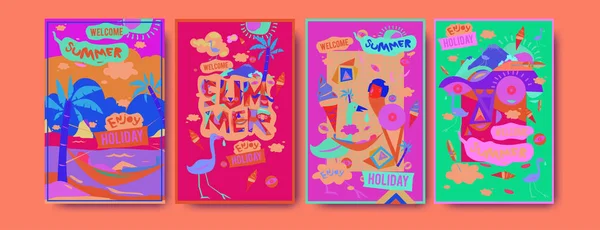 夏イラスト ポスター カバー および広告のためのセットです レトロやヴィンテージの夏イラストをデザイン 夏の休日の背景テンプレート — ストックベクタ