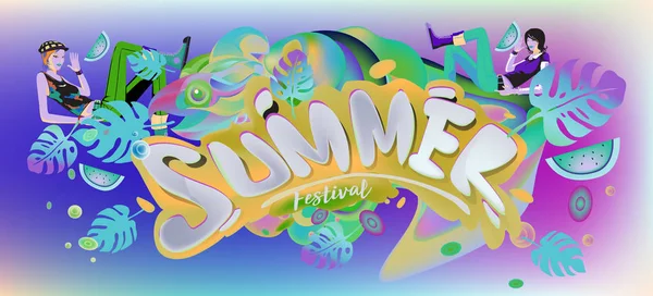 Summer Banner Colorful Doodle Background Design Template Event Sale Promotion — Stock Vector