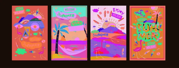 为海报 封面和广告设置夏季插图 复古和老式的夏季设计插图 暑期假期背景模板 — 图库矢量图片