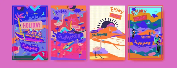 Yaz illüstrasyon poster, kapak ve reklam için kümesi. Retro ve vintage yaz tasarlamak. Yaz tatil arka plan şablonu 