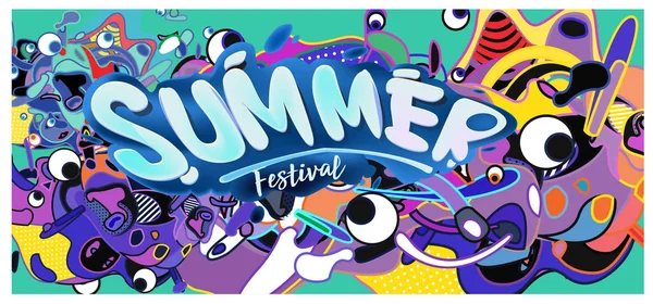 Zomer Banner Met Kleurrijke Doodle Achtergrond Ontwerpsjabloon Voor Evenement Verkoop — Stockvector