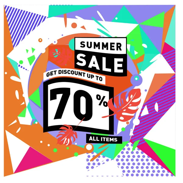 Yaz satış memphis tarzı web afiş. Moda ve seyahat poster indirim. Vektör tatil soyut renkli resimde kampanya ve promosyon.