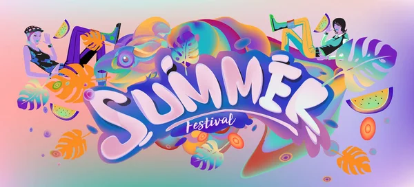 Summer Banner Colorful Doodle Background Design Template Event Sale Promotion — Stock Vector