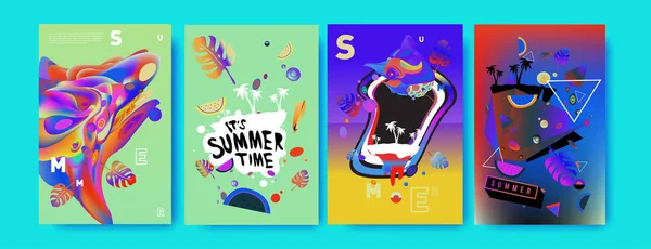 Kleurrijke Zomer Poster Instellen Tropische Zomer Ontwerpsjabloon Dekking Zomer Illustratie — Stockvector