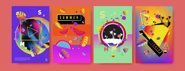 Renkli Yaz Poster Ayarlayın Tropikal Yaz Tasarım Şablonu Kapak Yaz — Stok Vektör