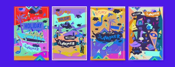 Yaz illüstrasyon poster, kapak ve reklam için kümesi. Retro ve vintage yaz tasarlamak. Yaz tatil arka plan şablonu 
