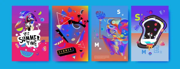 Kleurrijke Zomer Poster Instellen Tropische Zomer Ontwerpsjabloon Dekking Zomer Illustratie — Stockvector