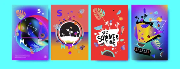 Buntes Sommer Plakatset Vorlage Und Einband Für Tropischen Sommer Sommer — Stockvektor