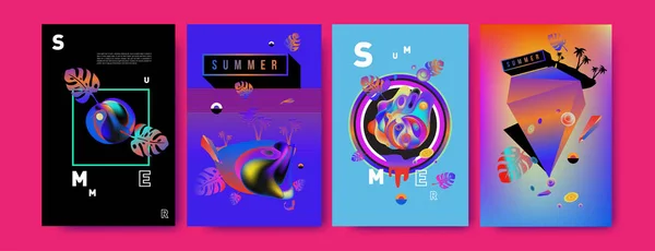 Kleurrijke Zomer Poster Instellen Tropische Zomer Ontwerpsjabloon Dekking Zomer Illustratie — Stockvector