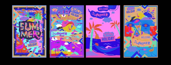 Set Summer Illustration Poster Cover Advertisement Retro Vintage Summer Design — Stock Vector