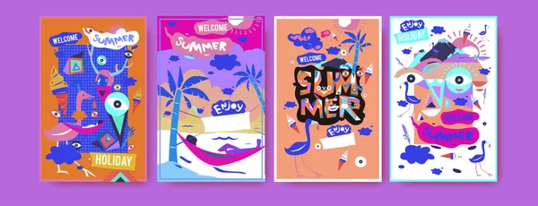 Yaz illüstrasyon poster, kapak ve reklam için kümesi. Retro ve vintage yaz tasarlamak. Yaz tatil arka plan şablonu 