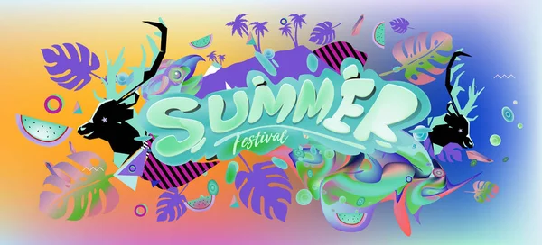Summer Banner Colorful Doodle Background Design Template Event Sale Promotion — Stock Vector