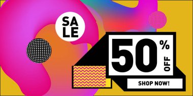 Satış % 50 indirim ve promosyon afiş vektör. Sıvı ve sıvı renkli arka plan tasarım şablonu