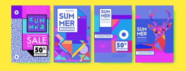 Yaz renkli poster tasarım şablonu. Yaz satış arka plan ve örnek kümesi. Yaz olay poster ve başlık sayfası için minimalist tasarım stil 