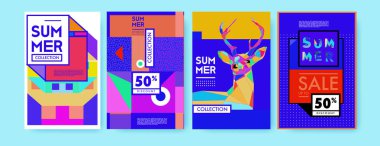 Yaz renkli poster tasarım şablonu. Yaz satış arka plan ve örnek kümesi. Yaz olay poster ve başlık sayfası için minimalist tasarım stil 