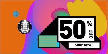 Satış % 50 indirim ve promosyon afiş vektör. Sıvı ve sıvı renkli arka plan tasarım şablonu