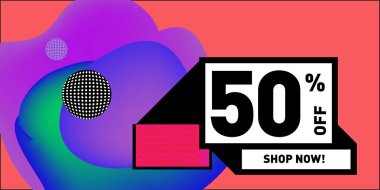 Satış % 50 indirim ve promosyon afiş vektör. Sıvı ve sıvı renkli arka plan tasarım şablonu