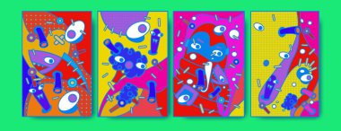 Soyut renkli kolaj poster tasarım şablonu. Serin geometrik ve sıvı kapak tasarımı. Mavi, sarı, kırmızı, turuncu, pembe ve yeşil. Vektör afiş poster şablonu 