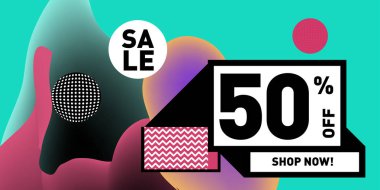 Satış % 50 indirim ve promosyon afiş vektör. Sıvı ve sıvı renkli arka plan tasarım şablonu